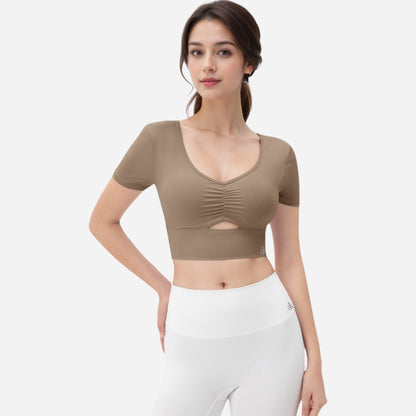 Anna-Kaci Women's Ruched Cutout Crop Top with Short Sleeves
