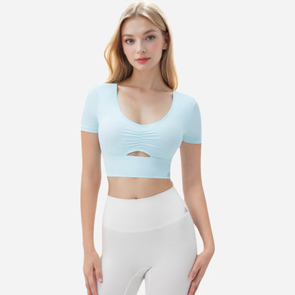 Anna-Kaci Women's Ruched Cutout Crop Top with Short Sleeves