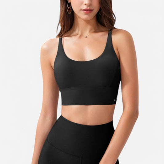 Anna-Kaci Women's Strappy Back Sports Bra with Contrast Detail and Scoop Neck