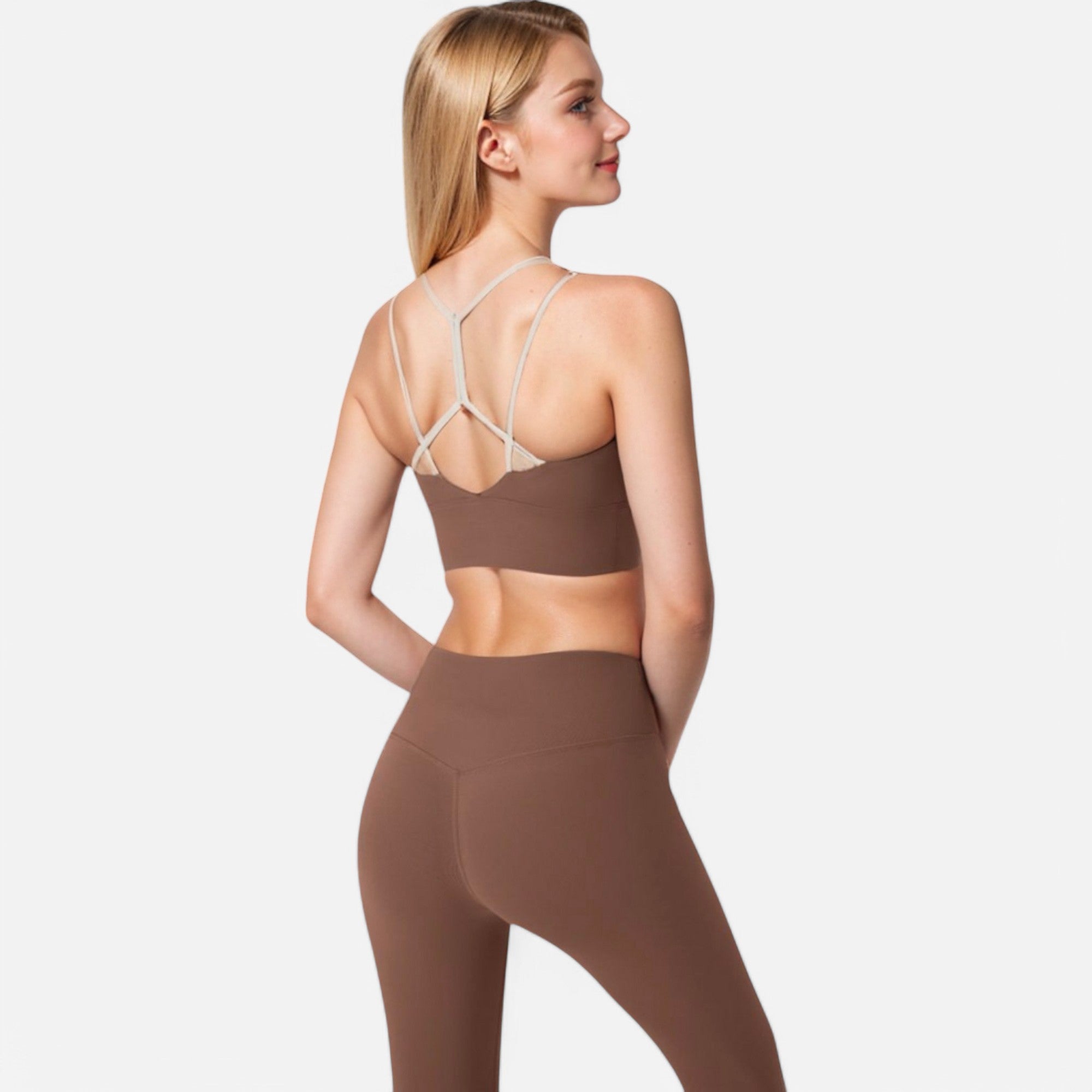 Anna-Kaci Women's Strappy Back Sports Bra with Contrast Detail and Scoop Neck
