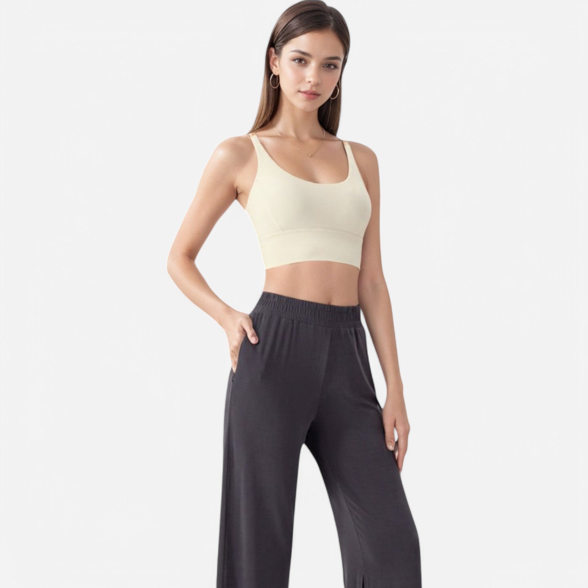 Anna-Kaci Women's Strappy Back Sports Bra with Contrast Detail and Scoop Neck
