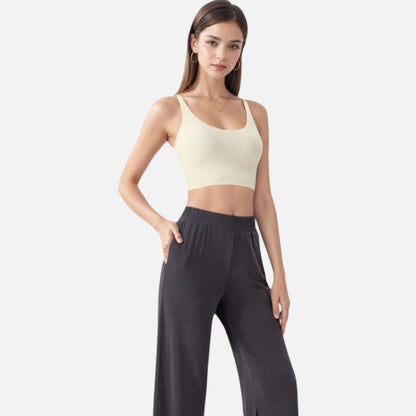 Anna-Kaci Women's Strappy Back Sports Bra with Contrast Detail and Scoop Neck