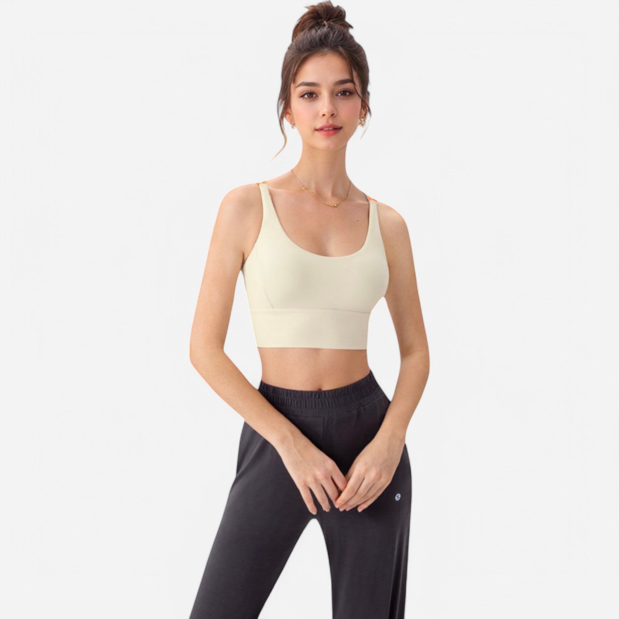 Anna-Kaci Women's Strappy Back Sports Bra with Contrast Detail and Scoop Neck