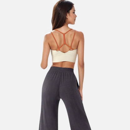 Anna-Kaci Women's Strappy Back Sports Bra with Contrast Detail and Scoop Neck