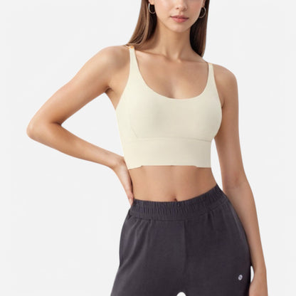 Anna-Kaci Women's Strappy Back Sports Bra with Contrast Detail and Scoop Neck