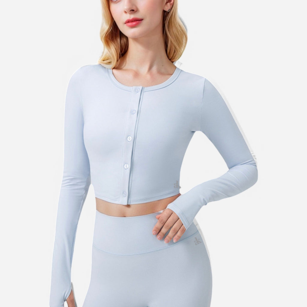Top para mujer Anna-Kaci, corto, con botones frontales, manga larga y orificios para pulgares