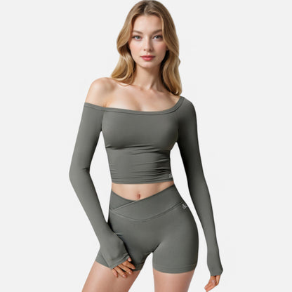 Anna-Kaci Women's One Shoulder Long Sleeve Crop Top with Thumb Holes