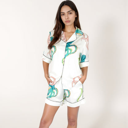 Anna-Kaci Lounge Women's Short Sleeve Button Front Satin Pajama Set with Ocean Print Design