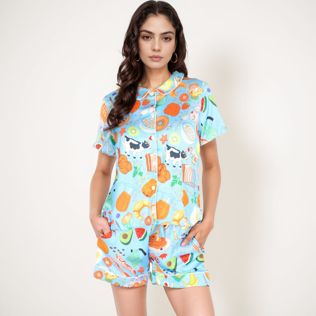 Anna-Kaci Women's Breakfast Print Pajama Set with Short Sleeve Button-Up Top and Elastic Waist Shorts Two-Piece Sleepwear