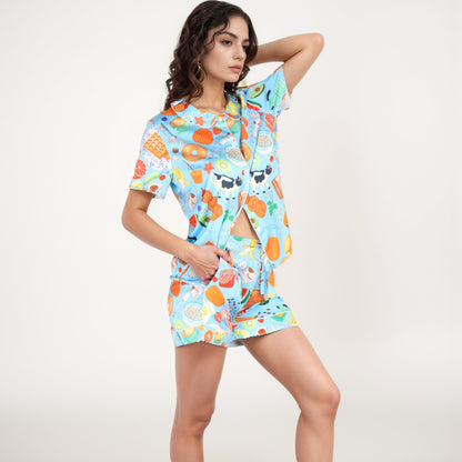 Anna-Kaci Women's Breakfast Print Pajama Set with Short Sleeve Button-Up Top and Elastic Waist Shorts Two-Piece Sleepwear