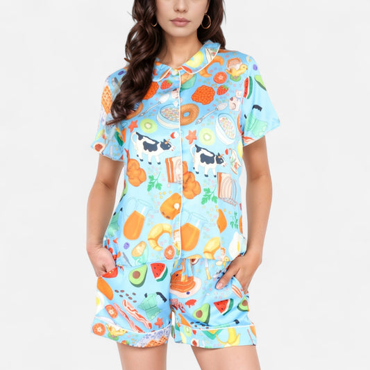 Anna-Kaci Women's Breakfast Print Pajama Set with Short Sleeve Button-Up Top and Elastic Waist Shorts Two-Piece Sleepwear