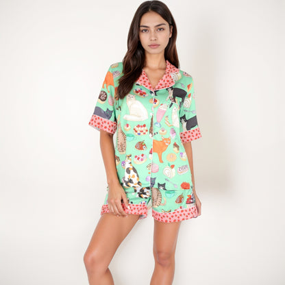 Anna-Kaci Women's Cat and Dessert Print Pajama Set with Short Sleeve Button-Up Top and Strawberry Trim Shorts
