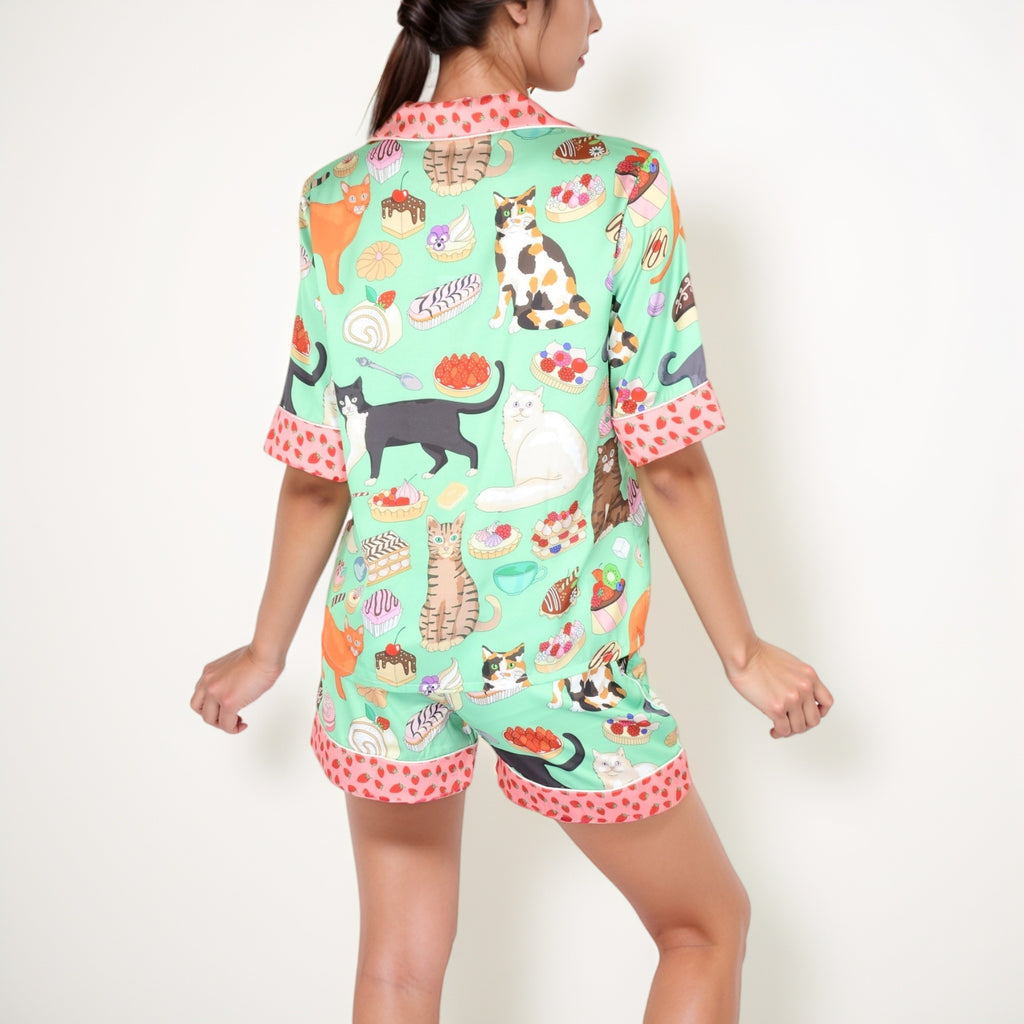 Anna-Kaci Women's Cat and Dessert Print Pajama Set with Short Sleeve Button-Up Top and Strawberry Trim Shorts