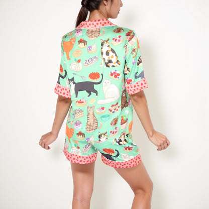 Anna-Kaci Women's Cat and Dessert Print Pajama Set with Short Sleeve Button-Up Top and Strawberry Trim Shorts
