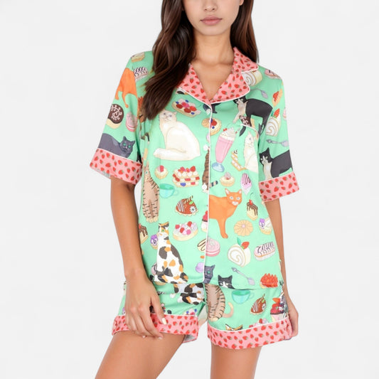 Anna-Kaci Women's Cat and Dessert Print Pajama Set with Short Sleeve Button-Up Top and Strawberry Trim Shorts