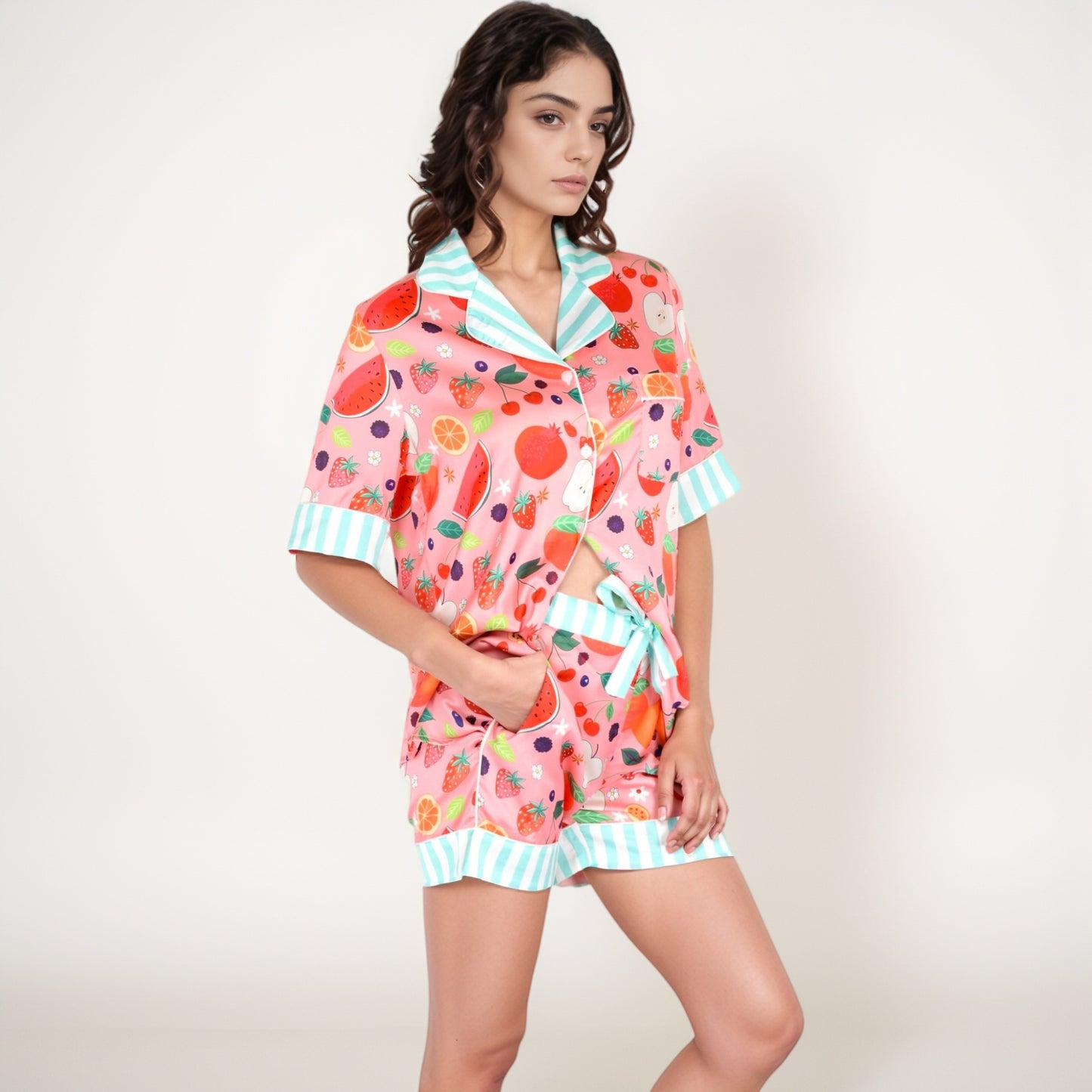 Anna-Kaci Women's Colorful Fruit Print Pajama Set with Short Sleeve Button-Up Top and Striped Trim Shorts