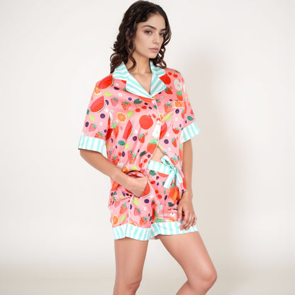 Anna-Kaci Women's Colorful Fruit Print Pajama Set with Short Sleeve Button-Up Top and Striped Trim Shorts
