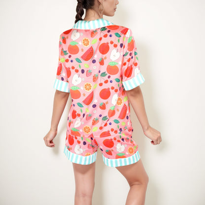 Anna-Kaci Women's Colorful Fruit Print Pajama Set with Short Sleeve Button-Up Top and Striped Trim Shorts