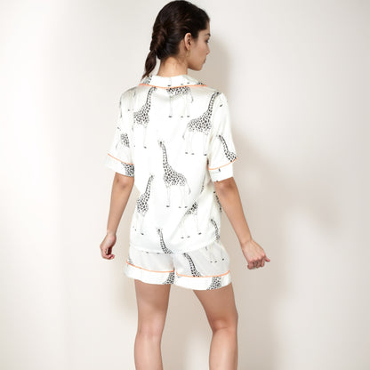 Anna-Kaci Lounge Women's Giraffe Print Pajama Set with Short Sleeve Button-Down Top and Matching Elastic Waist Shorts