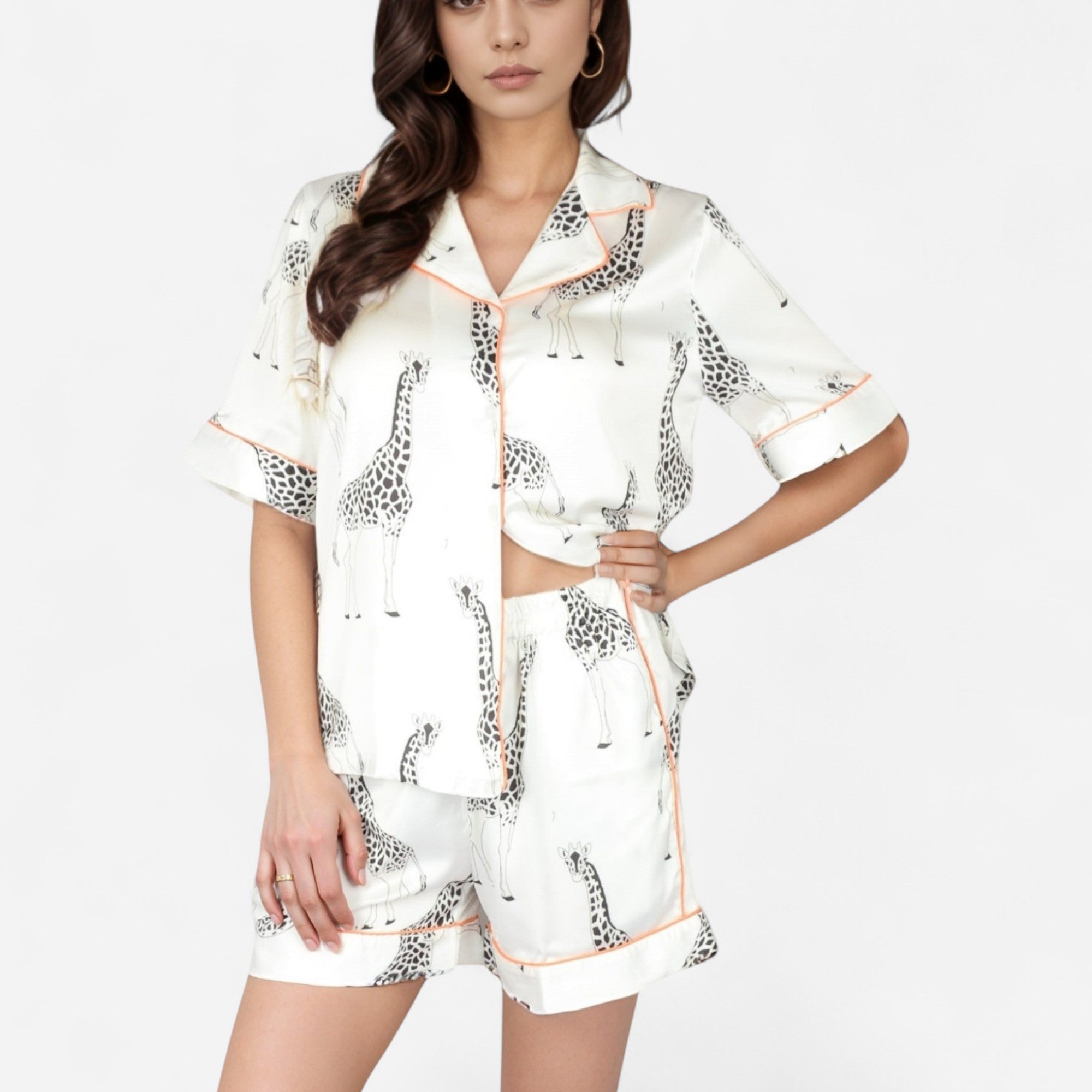 Anna-Kaci Lounge Women's Giraffe Print Pajama Set with Short Sleeve Button-Down Top and Matching Elastic Waist Shorts