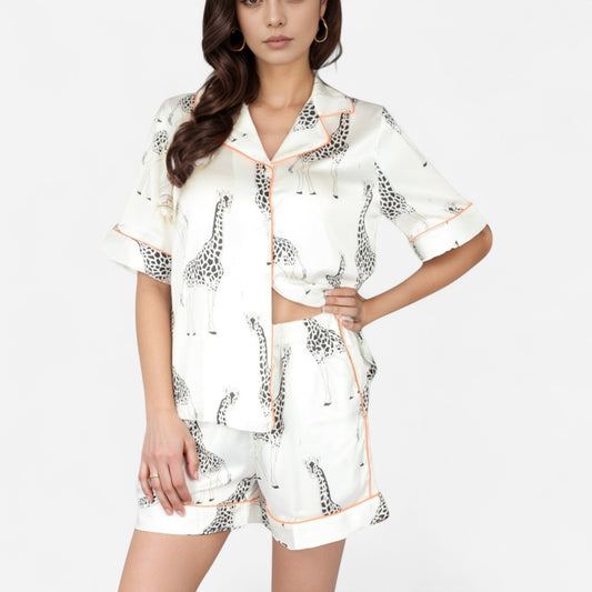 Anna-Kaci Lounge Women's Giraffe Print Pajama Set with Short Sleeve Button-Down Top and Matching Elastic Waist Shorts