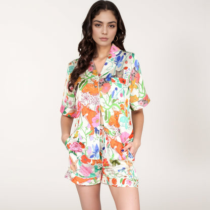 Anna-Kaci Lounge Women's Short Sleeve Button Front Satin Pajama Set with Woodland Print Design