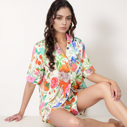 Anna-Kaci Lounge Women's Short Sleeve Button Front Satin Pajama Set with Woodland Print Design