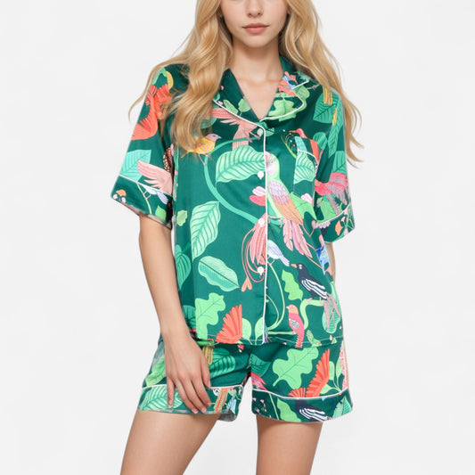 Anna-Kaci Women's Tropical Bird Print Satin Pajama Set with Short Sleeve Button-Up Top and Relaxed Fit Elastic Waist Shorts