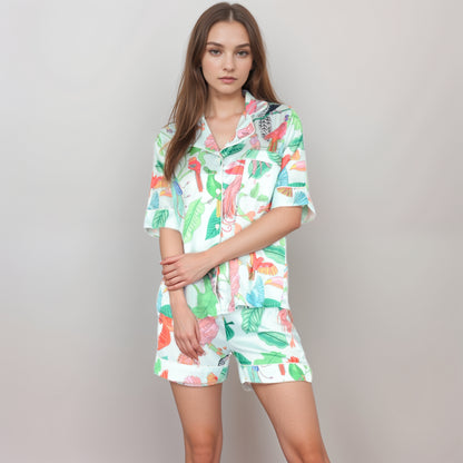Anna-Kaci Women's Tropical Bird Print Satin Pajama Set with Short Sleeve Button-Up Top and Relaxed Fit Elastic Waist Shorts