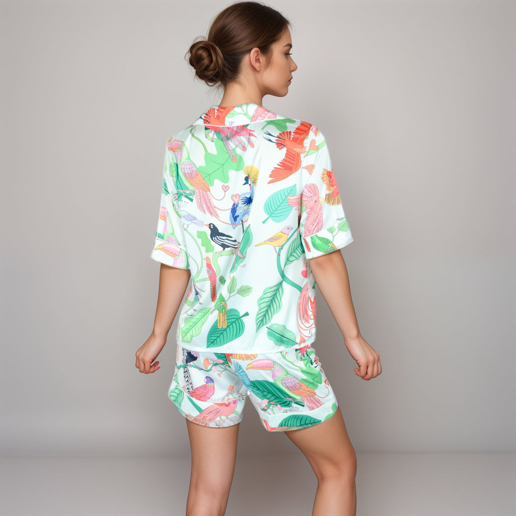 Anna-Kaci Women's Tropical Bird Print Satin Pajama Set with Short Sleeve Button-Up Top and Relaxed Fit Elastic Waist Shorts