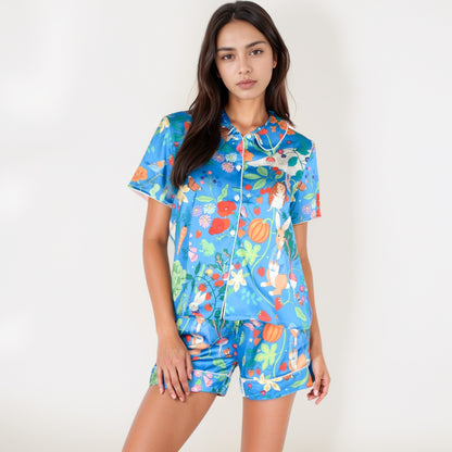 Anna-Kaci Women's Whimsical Garden Animal Print Pajama Set with Short Sleeve Button-Up Top and Matching Shorts