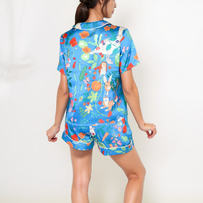 Anna-Kaci Women's Whimsical Garden Animal Print Pajama Set with Short Sleeve Button-Up Top and Matching Shorts