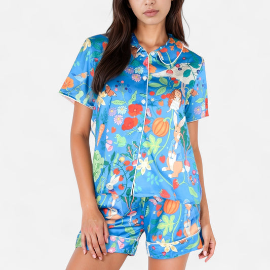 Anna-Kaci Women's Whimsical Garden Animal Print Pajama Set with Short Sleeve Button-Up Top and Matching Shorts