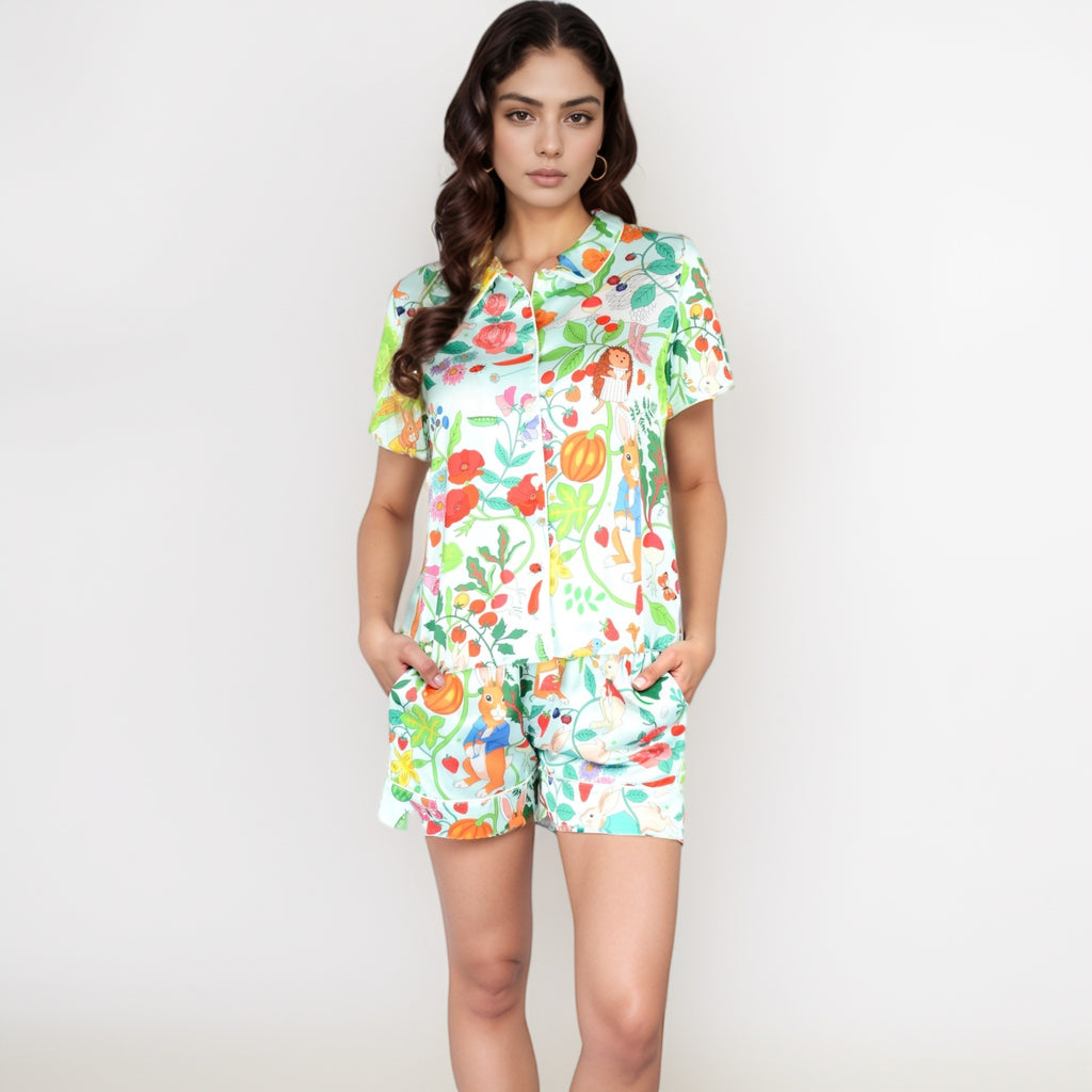 Anna-Kaci Women's Whimsical Garden Animal Print Pajama Set with Short Sleeve Button-Up Top and Matching Shorts