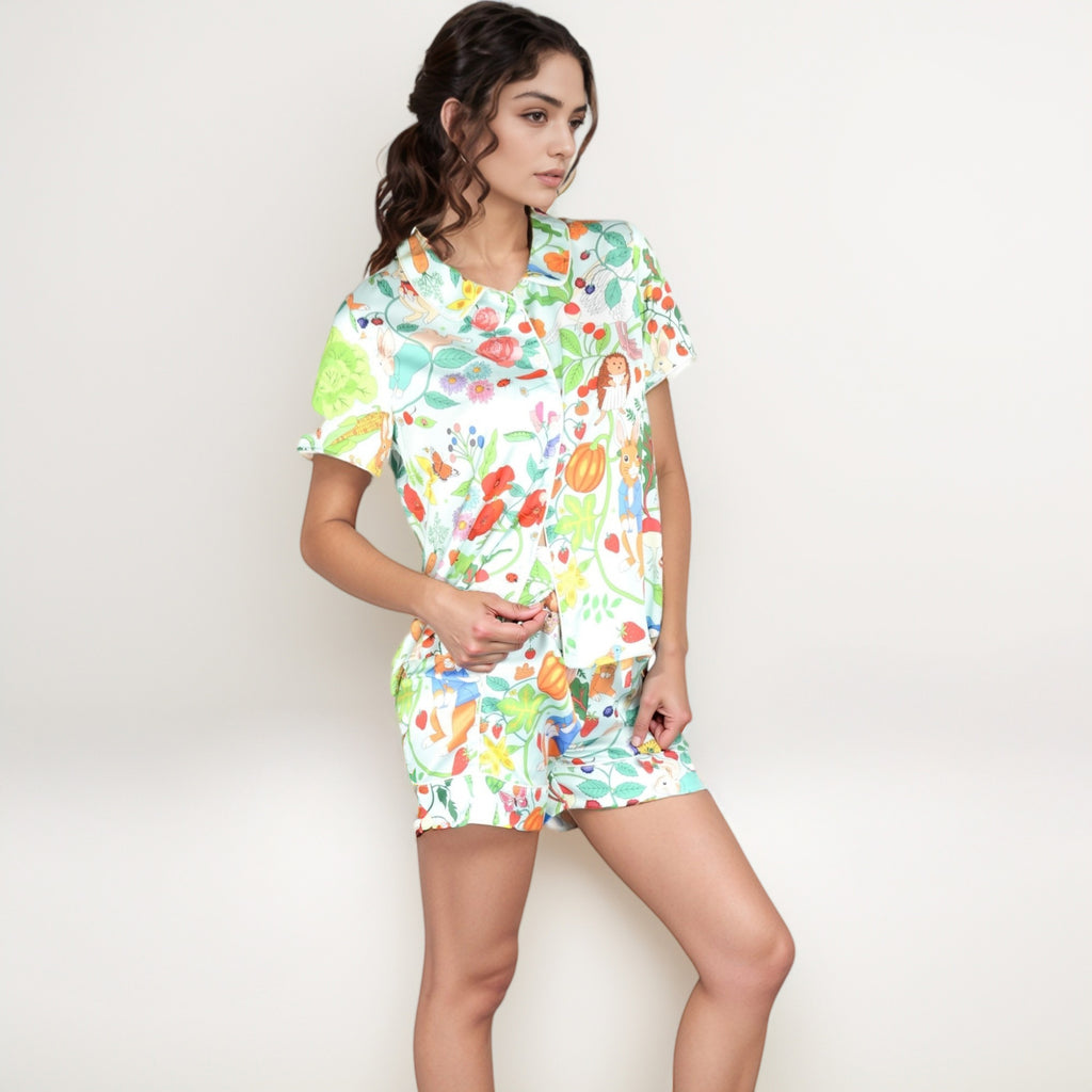 Anna-Kaci Women's Whimsical Garden Animal Print Pajama Set with Short Sleeve Button-Up Top and Matching Shorts