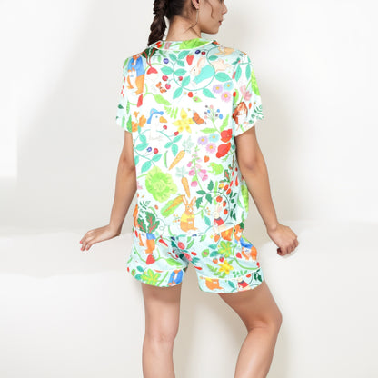 Anna-Kaci Women's Whimsical Garden Animal Print Pajama Set with Short Sleeve Button-Up Top and Matching Shorts