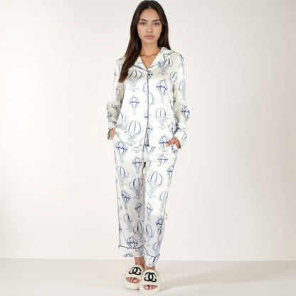 Anna-Kaci Lounge Women's Hot Air Balloon Print Pajama Set with Long Sleeve Button-Down Top and Cropped Pants
