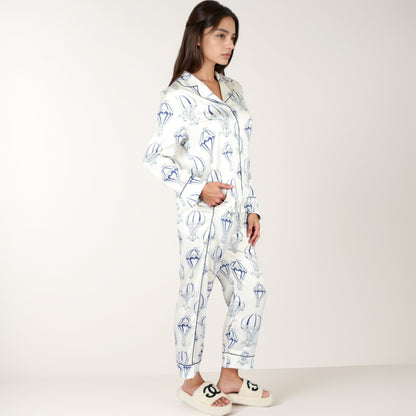 Anna-Kaci Lounge Women's Hot Air Balloon Print Pajama Set with Long Sleeve Button-Down Top and Cropped Pants