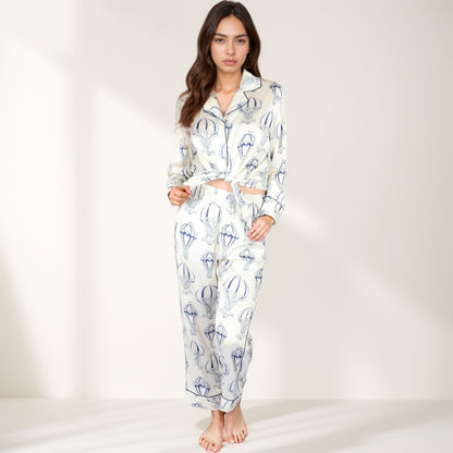 Anna-Kaci Lounge Women's Hot Air Balloon Print Pajama Set with Long Sleeve Button-Down Top and Cropped Pants