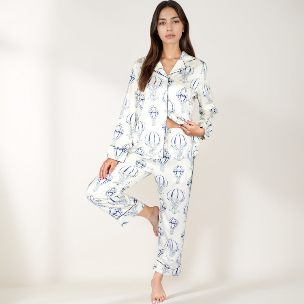Anna-Kaci Lounge Women's Hot Air Balloon Print Pajama Set with Long Sleeve Button-Down Top and Cropped Pants