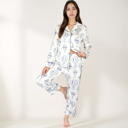 Anna-Kaci Lounge Women's Hot Air Balloon Print Pajama Set with Long Sleeve Button-Down Top and Cropped Pants