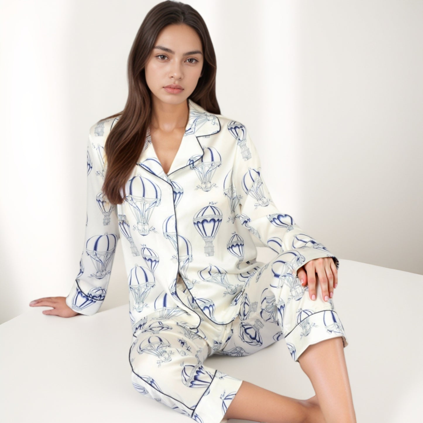 Anna-Kaci Lounge Women's Hot Air Balloon Print Pajama Set with Long Sleeve Button-Down Top and Cropped Pants
