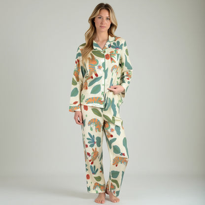 Anna-Kaci Lounge Women's Long Sleeve Button-Up Jungle Print Pajama Set with Chest Pocket and Matching Pants
