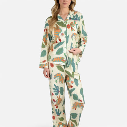 Anna-Kaci Lounge Women's Long Sleeve Button-Up Jungle Print Pajama Set with Chest Pocket and Matching Pants