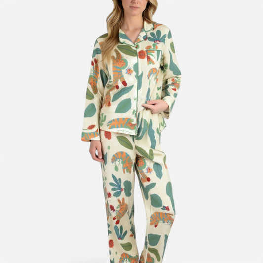 Anna-Kaci Lounge Women's Long Sleeve Button-Up Jungle Print Pajama Set with Chest Pocket and Matching Pants