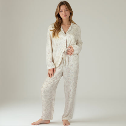 Anna-Kaci Lounge Women's Soft Brushed Pajama Set with Subtle Floral Print Long Sleeve Button-Up Top and Drawstring Pants