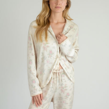 Anna-Kaci Lounge Women's Soft Brushed Pajama Set with Subtle Floral Print Long Sleeve Button-Up Top and Drawstring Pants