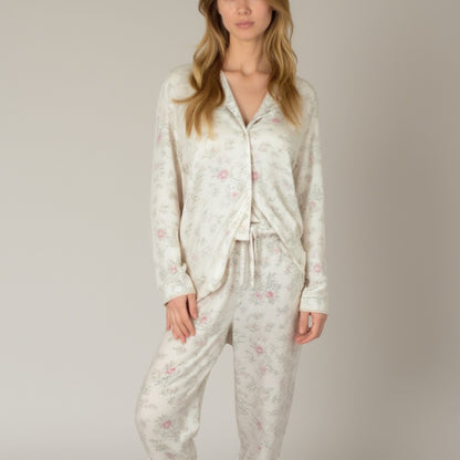 Anna-Kaci Lounge Women's Soft Brushed Pajama Set with Subtle Floral Print Long Sleeve Button-Up Top and Drawstring Pants