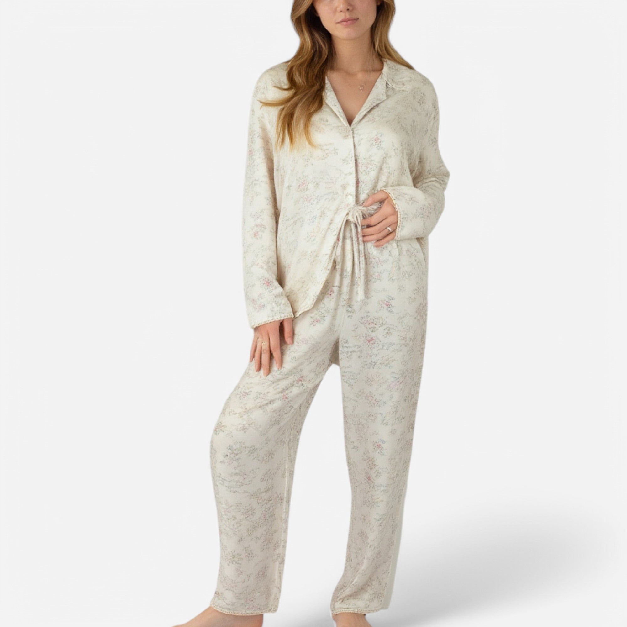 Anna-Kaci Lounge Women's Soft Brushed Pajama Set with Subtle Floral Print Long Sleeve Button-Up Top and Drawstring Pants