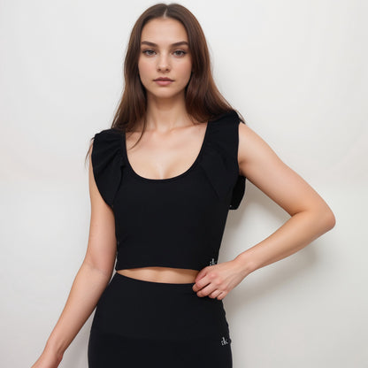 Anna-Kaci Active Women's Ribbed Scoop Neck Crop Top with Flutter Shoulder Details and Seamless Fitted Design